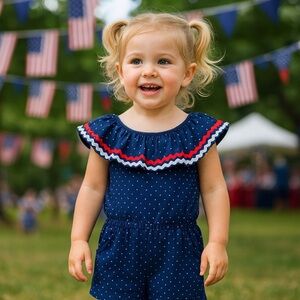 NWOT Janie and Jack Red White and Blue Ruffle Romper Holiday Dainty Playful 8